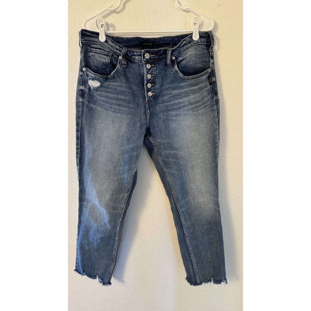 Silver Jeans Co Beau Mid-Rise Slim Leg Jeans Distressed 32x28 Blue Boyfriend